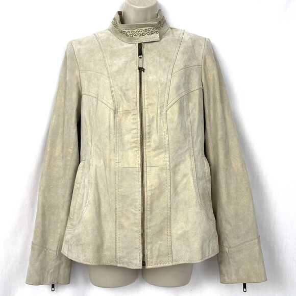 Powder River Panhandle Slim Leather Jacket Small Beige Studded Embroidered Cross - Picture 2 of 12